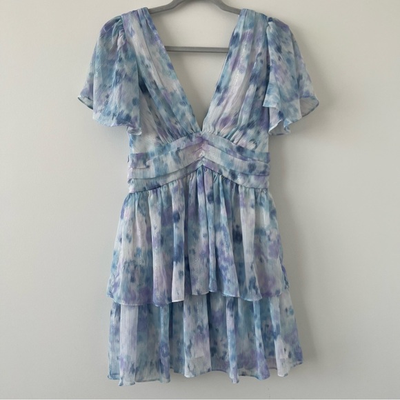 Sunny Evenings Blue Multi Lurex Flutter Sleeve Mini Dress Lulus medium - Picture 3 of 9